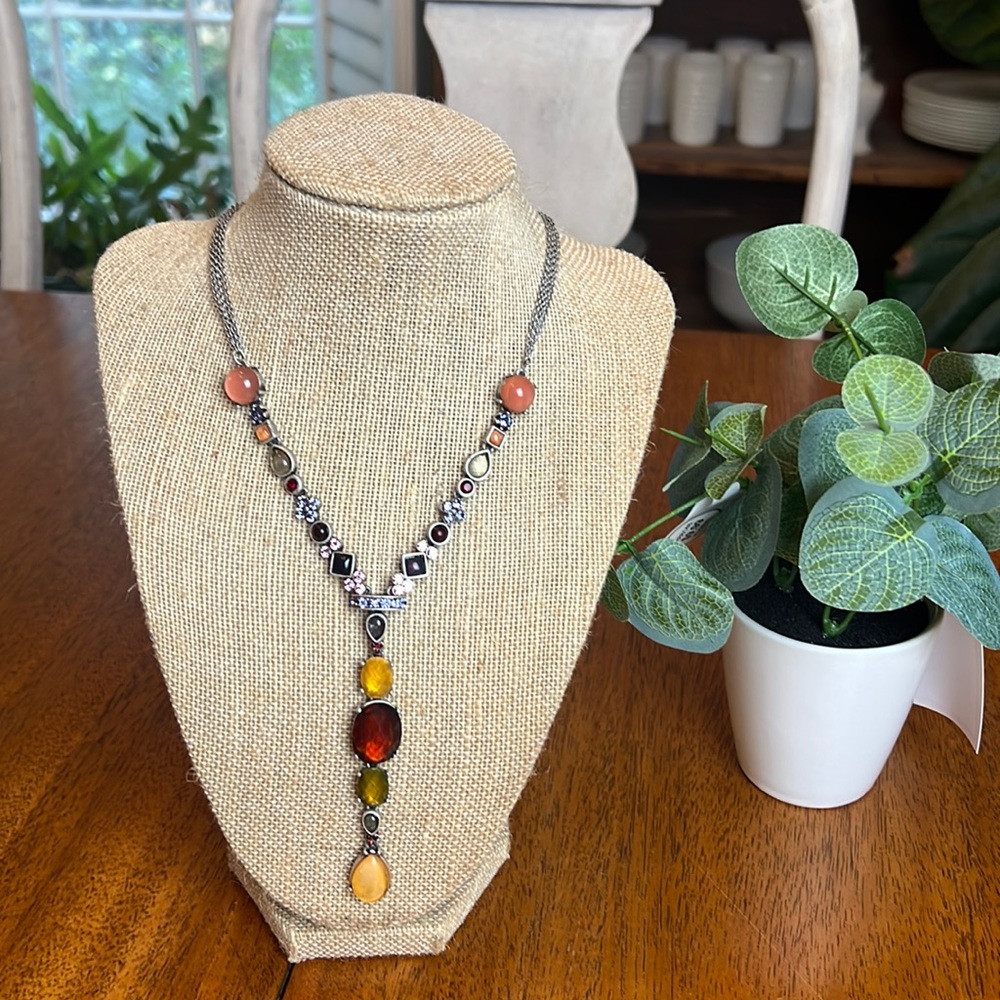 Vintage pewter multi stone Y necklace